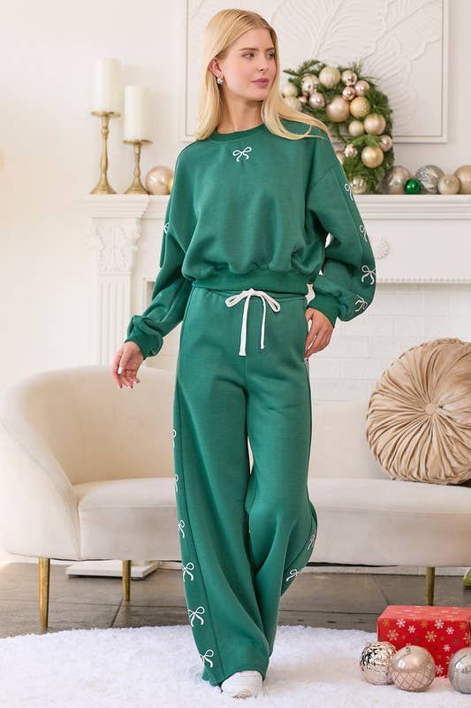 Ribbon Bow Wide Leg Fleece Pants-Plus