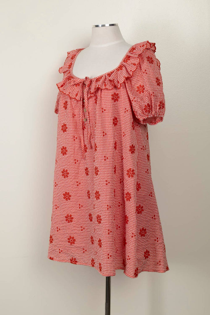 ND32012-Floral Embroidery Puff Sleeve Mini Dress - Baycreek & Co