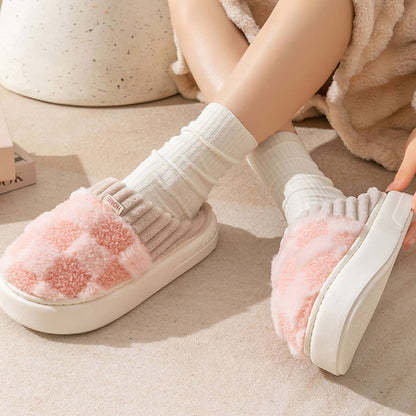 CHECKERED FUZZY WARMIES SLIPPERS- Pink