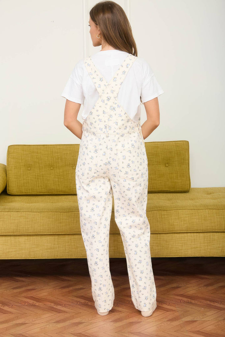 FLORAL ECRU DENIM PATTERN OVERALLS - Baycreek & Co