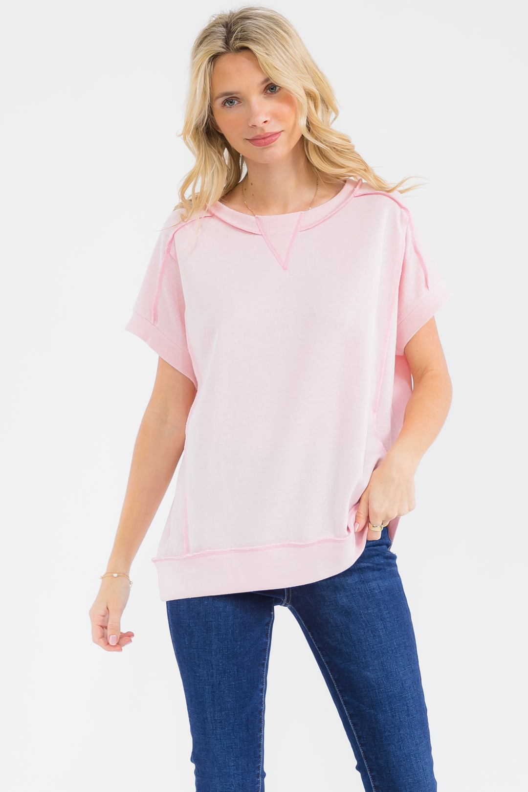 [PLUS SIZE] Textured Contrast Seam Short Sleeve Top T6240XL - Baycreek & Co