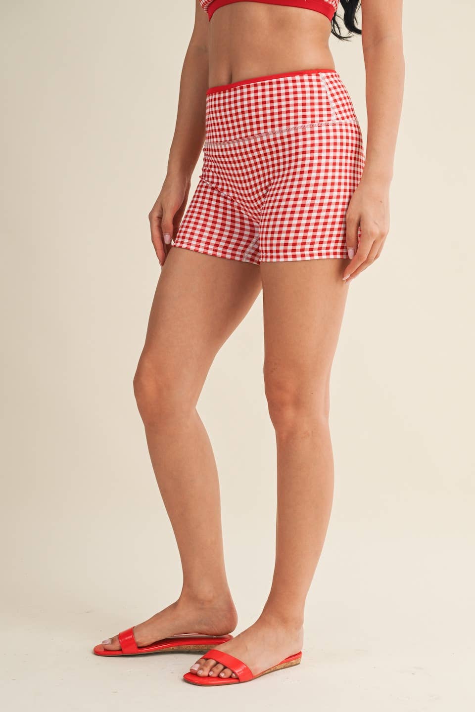 Gingham Print Contrast Binding Biker Shorts - Baycreek & Co