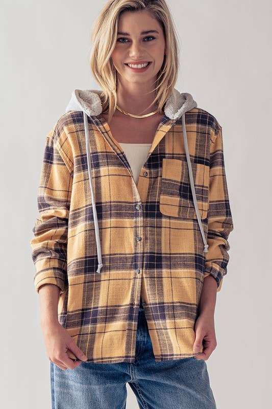 PLAID BUTTON UP FLECCE LINED HOODIE TOP: SAFFRON / S-2/M-2/L-2 - Baycreek & Co