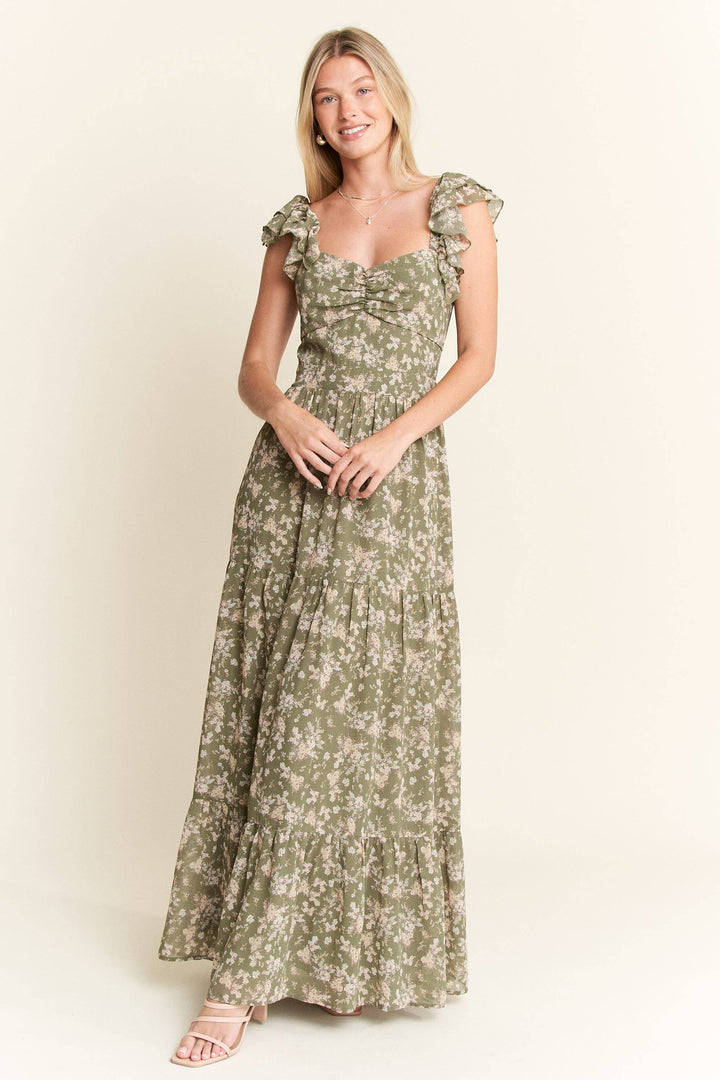 RUFFLE SLEEVE TIERED MAXI DRESS - Baycreek & Co