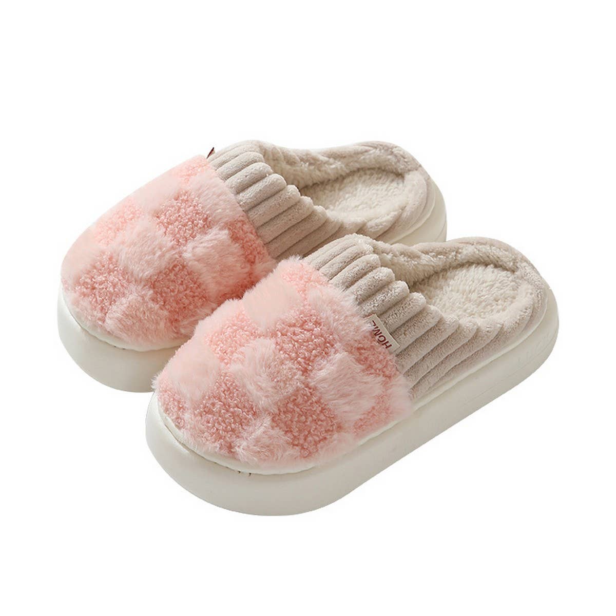 CHECKERED FUZZY WARMIES SLIPPERS- Pink