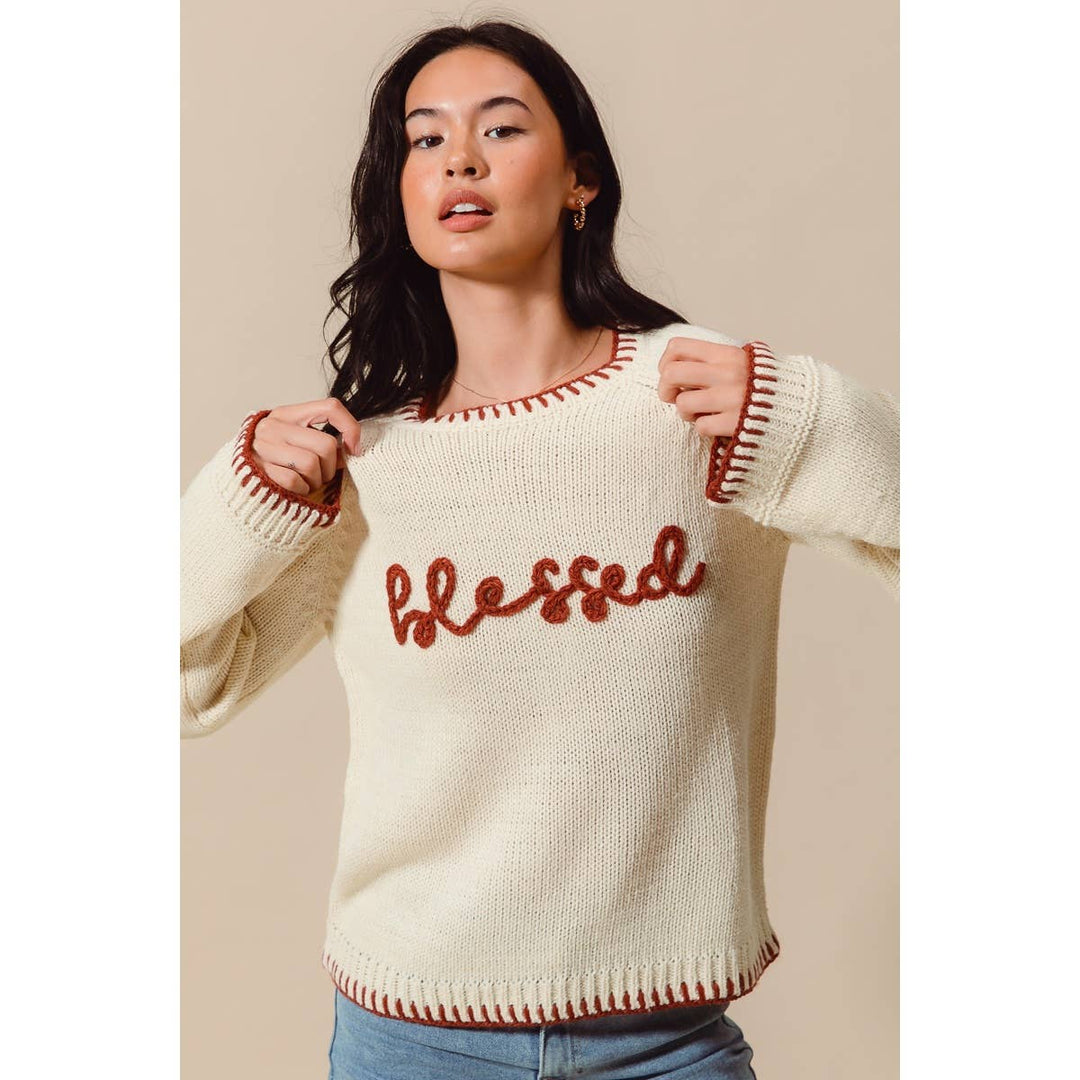 BLESSED THANKSGIVING LETTERING SWEATER TOP: OATMEAL/BRICK / M - Baycreek & Co