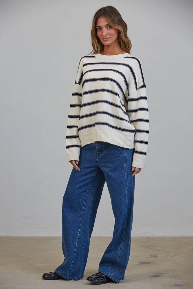 NSW3499 Nautical Stitch Stripe Oversized Sweater - Baycreek & Co