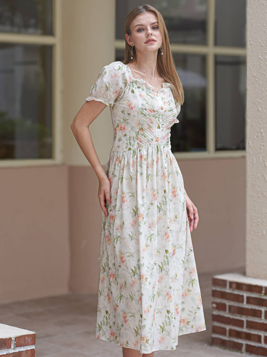 Floral Ruched Puff Sleeve Dress
