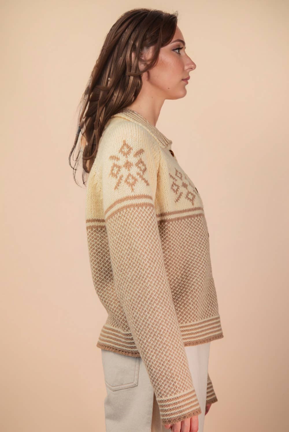 12W3511N-Graphic Collared Knit Sweater Cardigan: LATTE / S-M-L/2-2-2 - Baycreek & Co
