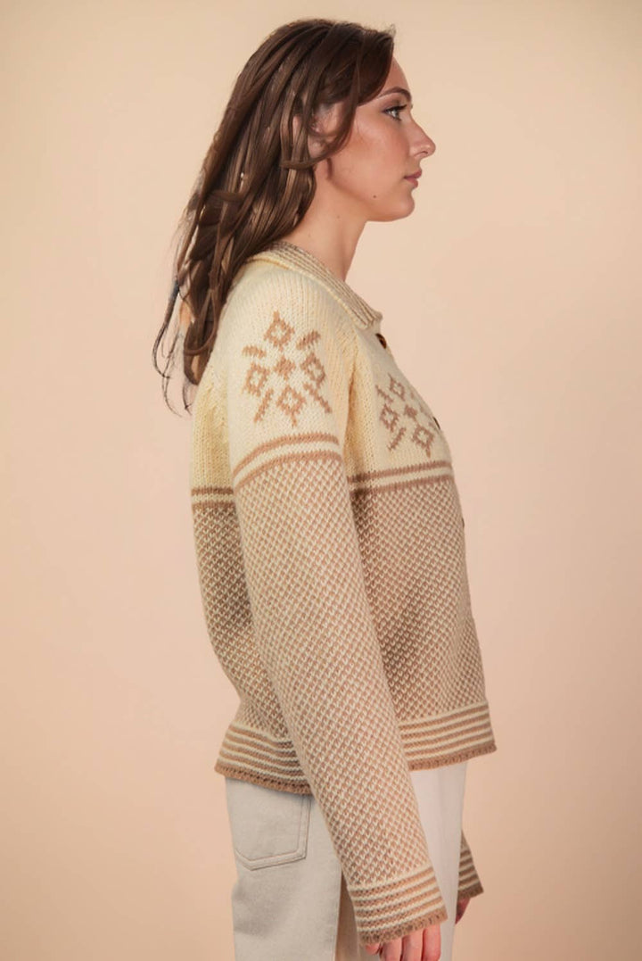 12W3511N-Graphic Collared Knit Sweater Cardigan: LATTE / S-M-L/2-2-2 - Baycreek & Co