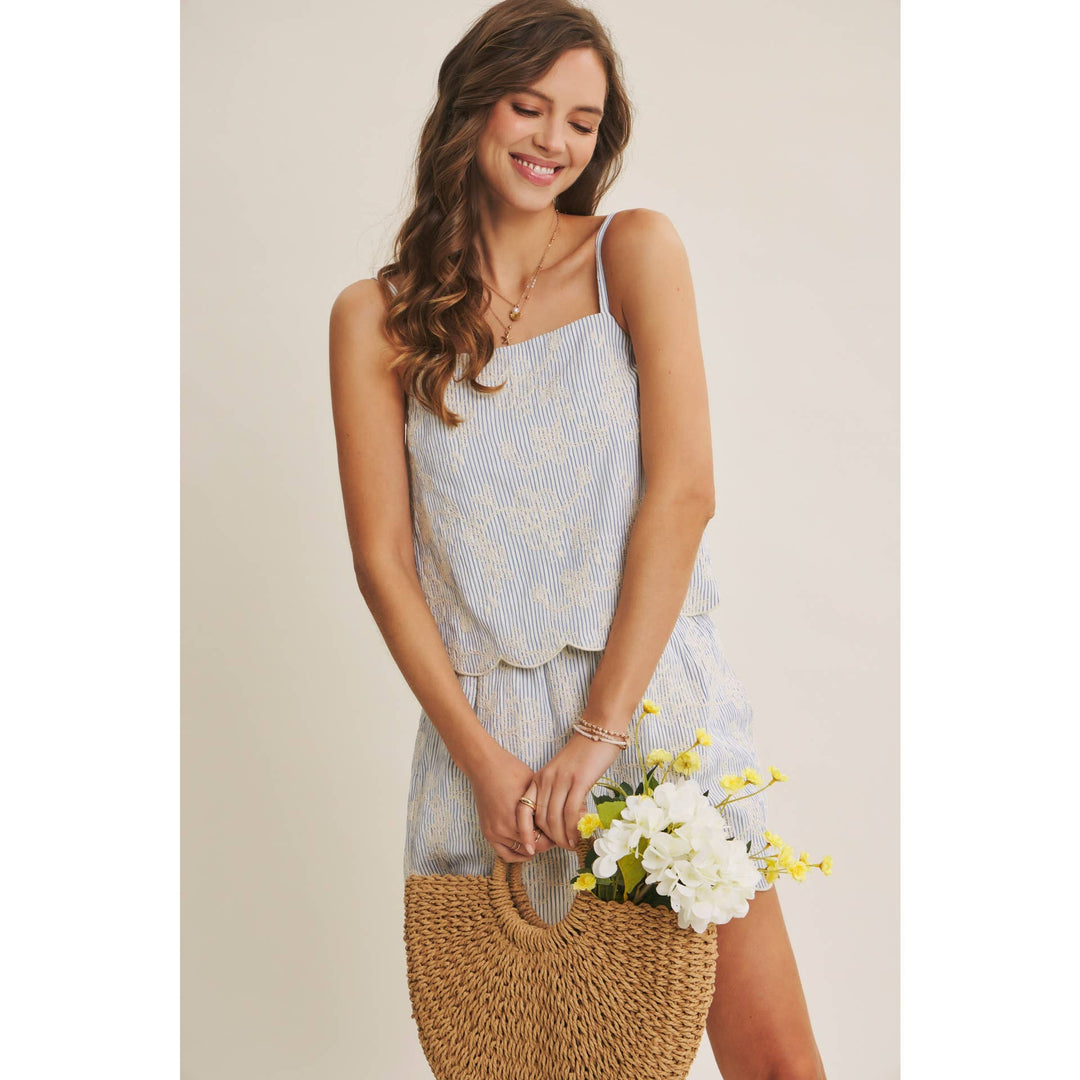 VERSATILE SUMMER STAPLE STRIPE EMBROIDERED SCALLOP TANK TOP - Baycreek & Co