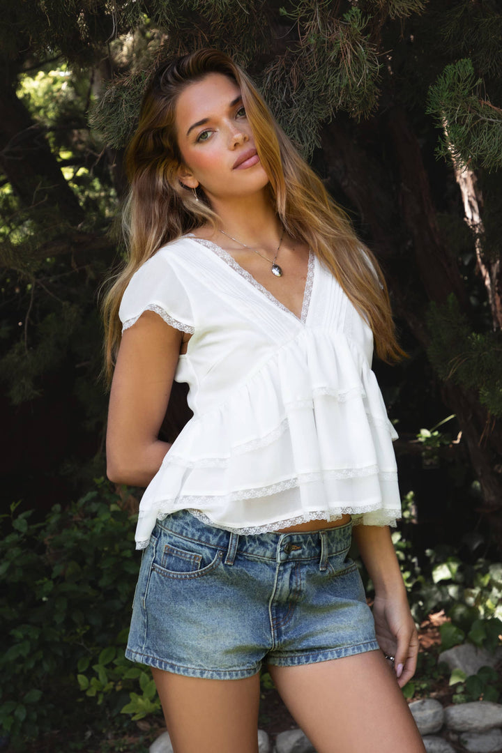 JULIETTE V Neck Tiered Ruffle Short Sleeve Blouse Top - Baycreek & Co