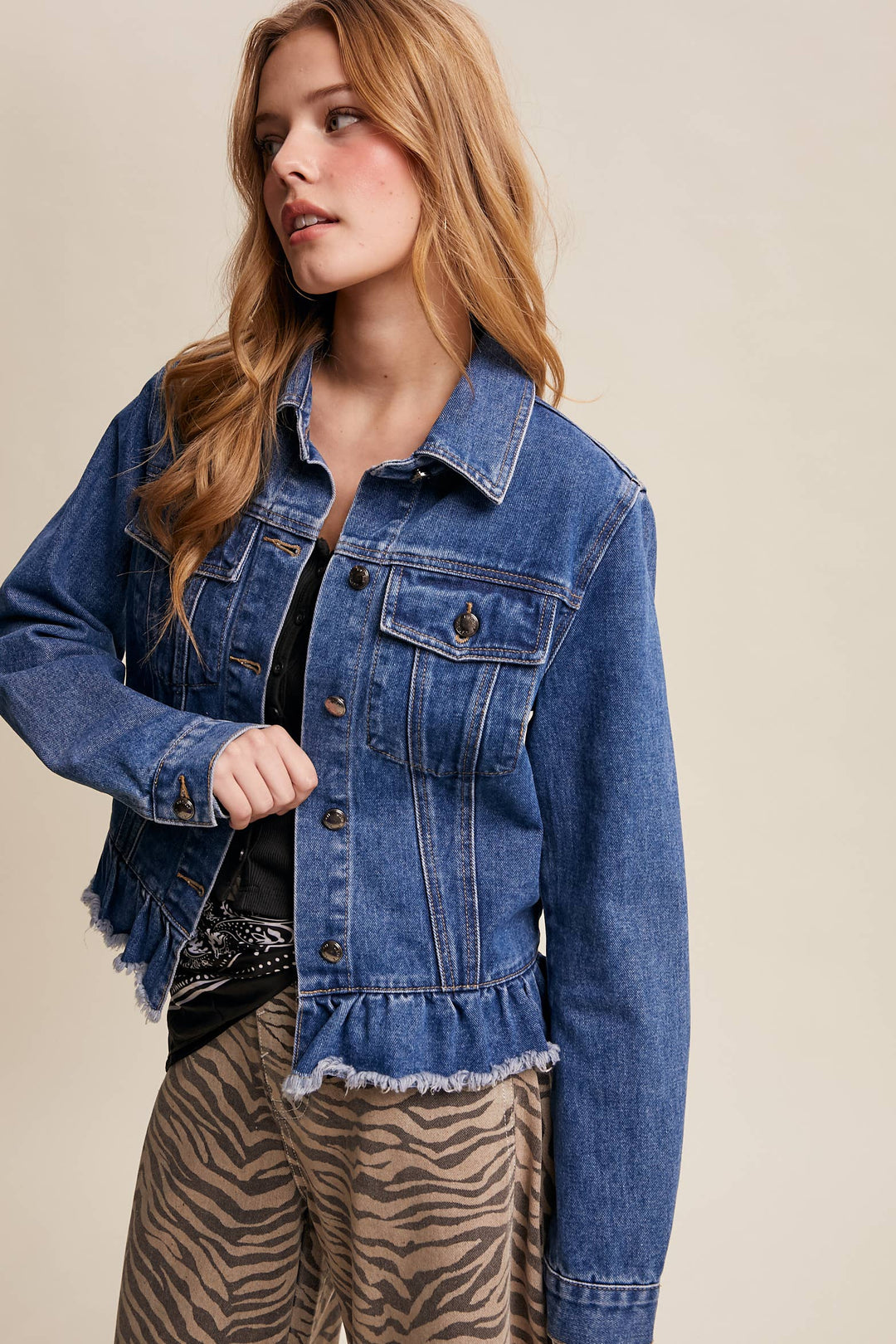 Ruffled Hem Denim Jacket - Baycreek & Co