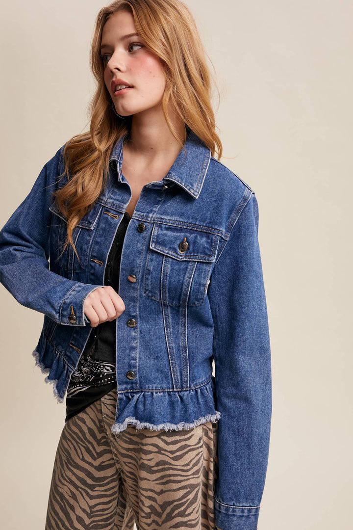Ruffled Hem Denim Jacket - Baycreek & Co