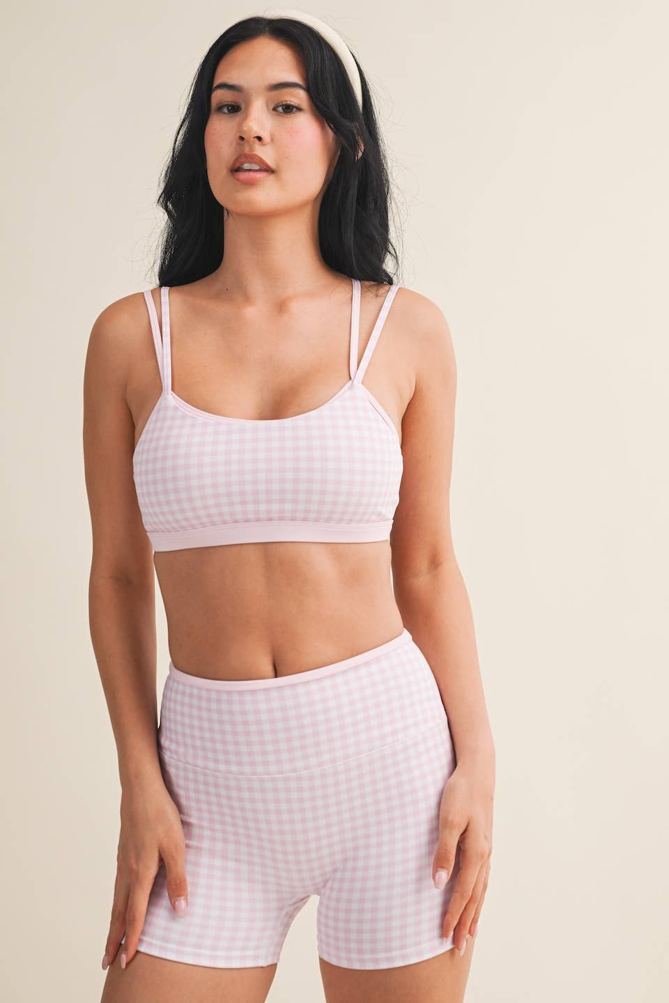 Gingham Print Double Layered Sports Bra - Baycreek & Co