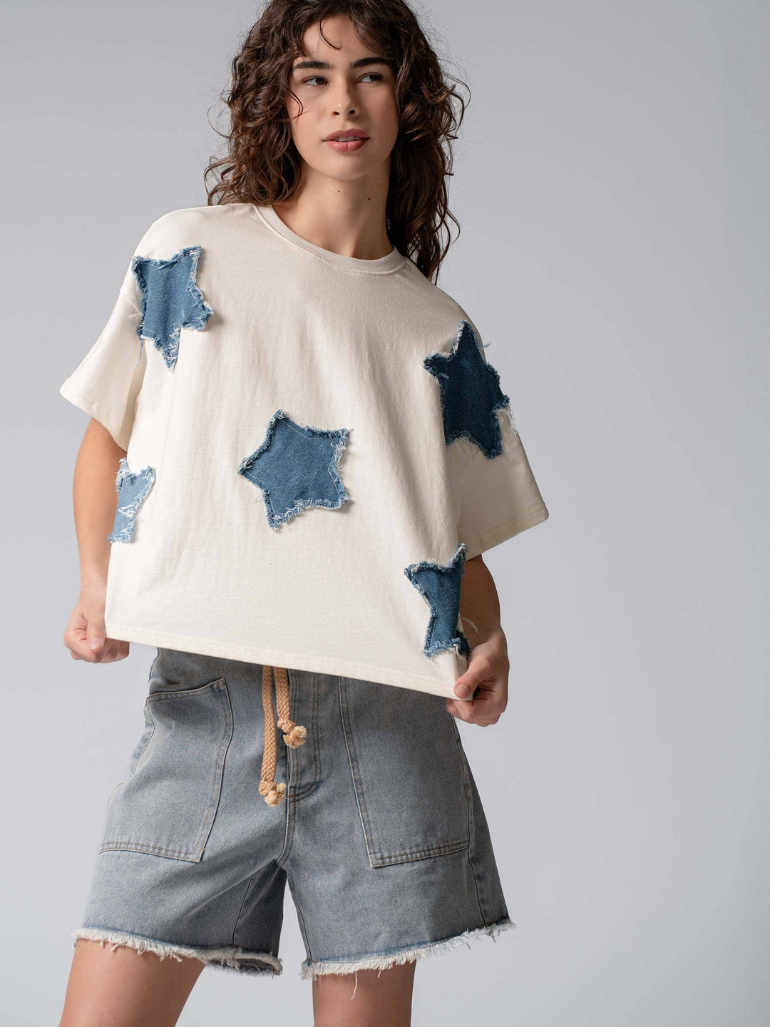 Distressed Denim Star Appliqué Cotton Tee - Baycreek & Co