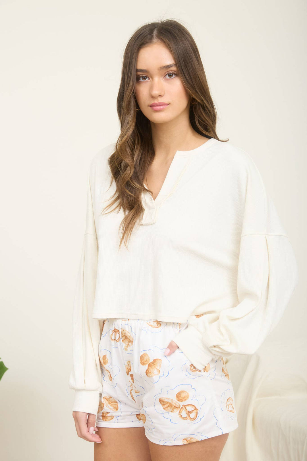 SPLIT NECK LONG SLEEVE CROPPED KNIT TOP - Baycreek & Co