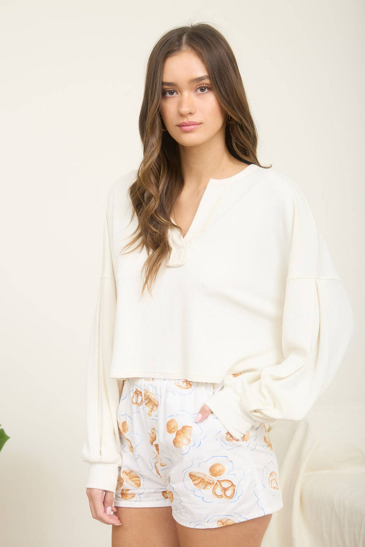 SPLIT NECK LONG SLEEVE CROPPED KNIT TOP - Baycreek & Co