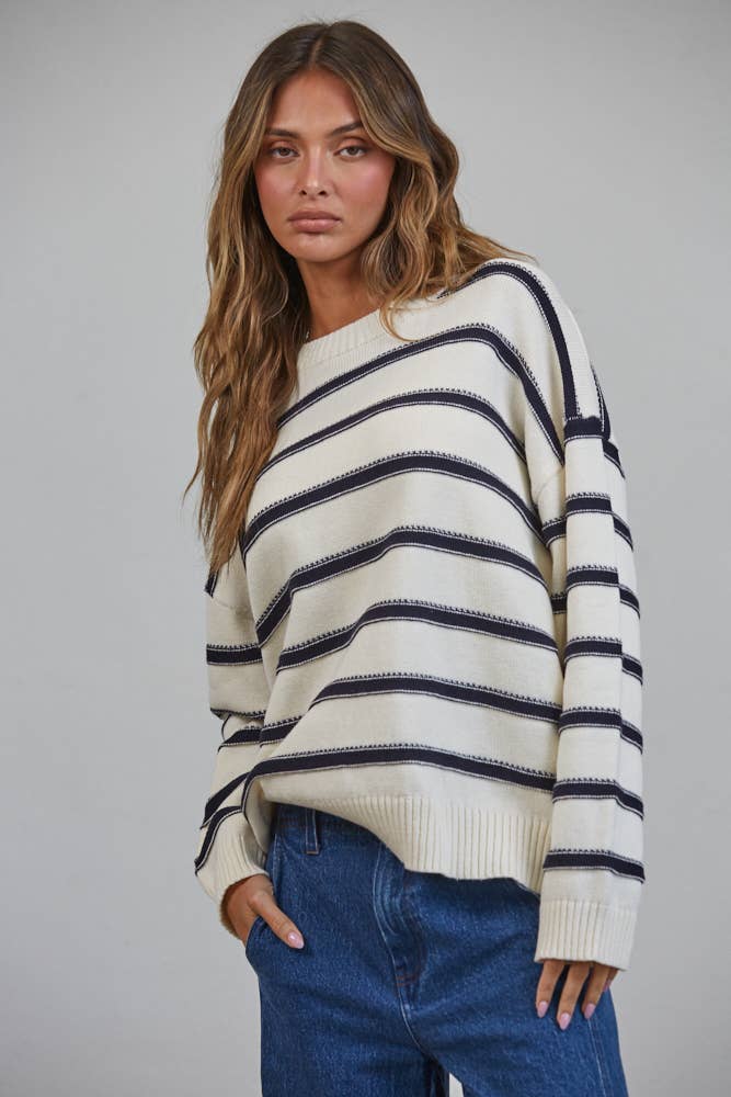 NSW3499 Nautical Stitch Stripe Oversized Sweater - Baycreek & Co