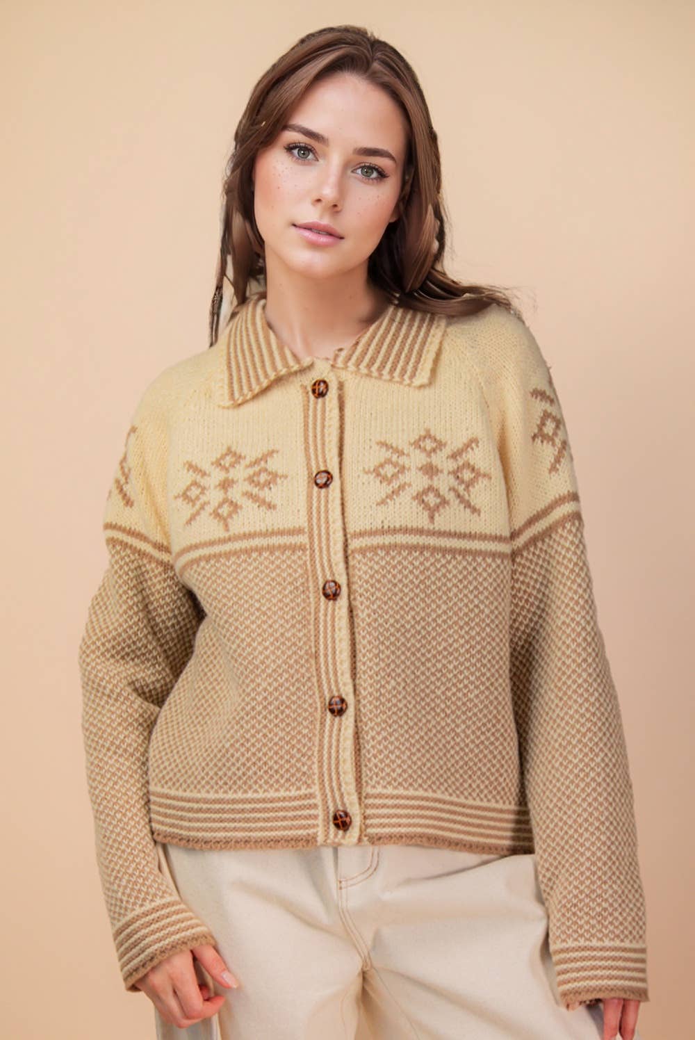 12W3511N-Graphic Collared Knit Sweater Cardigan: LATTE / S-M-L/2-2-2 - Baycreek & Co