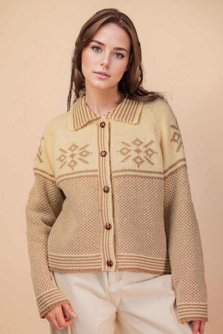 12W3511N-Graphic Collared Knit Sweater Cardigan: LATTE / S-M-L/2-2-2 - Baycreek & Co