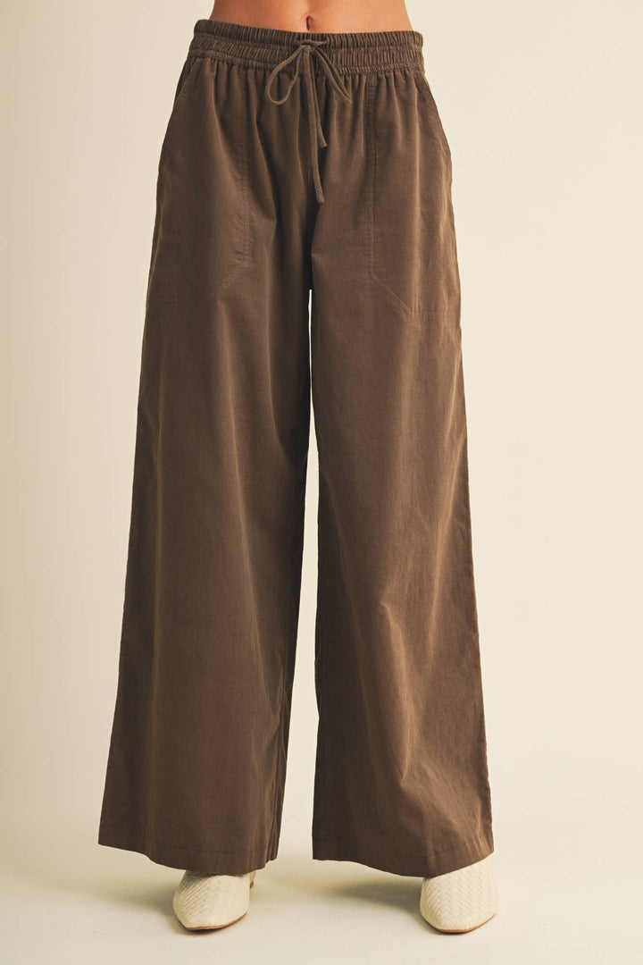 Wide-Leg Corduroy Elasticated Waist Trousers: Brown / S - Baycreek & Co