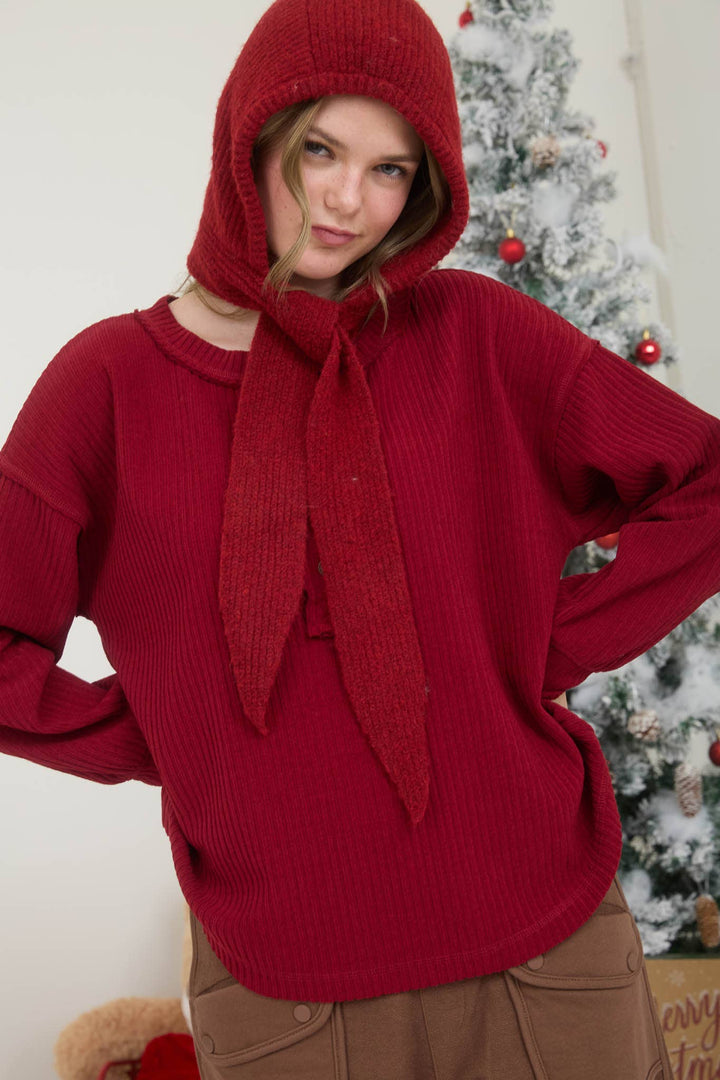 RIBBED HENLEY LONG SLEEVE EXPOSED SEAM KNIT TOP - Baycreek & Co