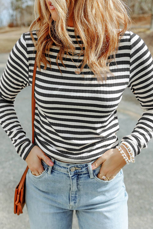 Striped Print Textured Knit Long Sleeve Tee