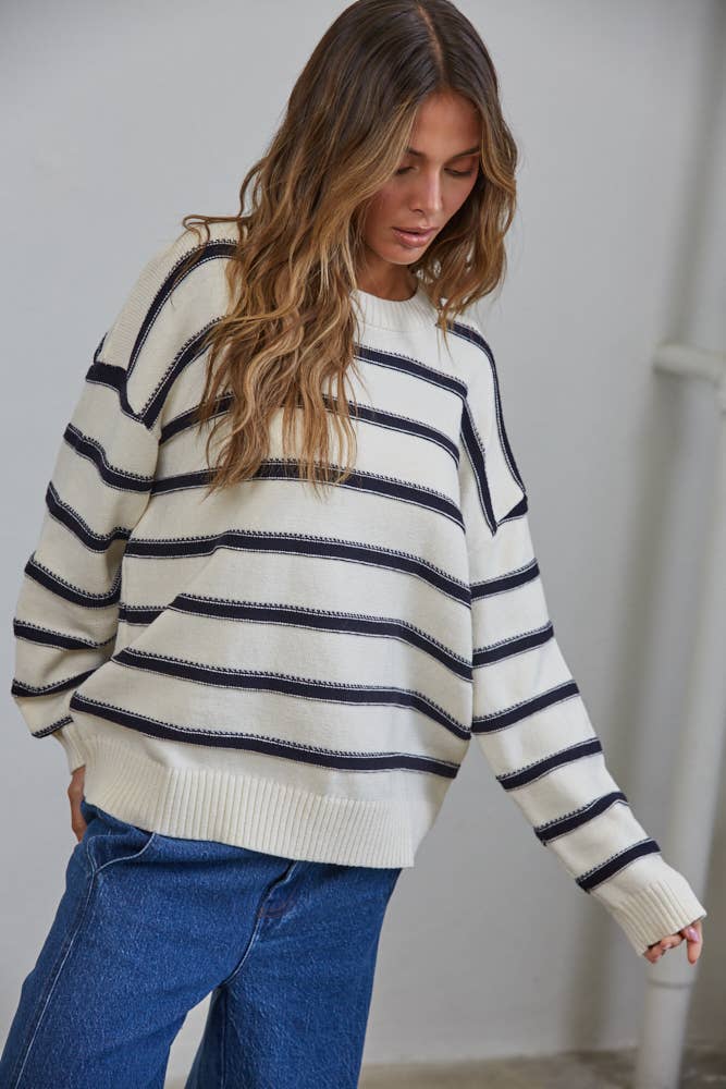 NSW3499 Nautical Stitch Stripe Oversized Sweater - Baycreek & Co