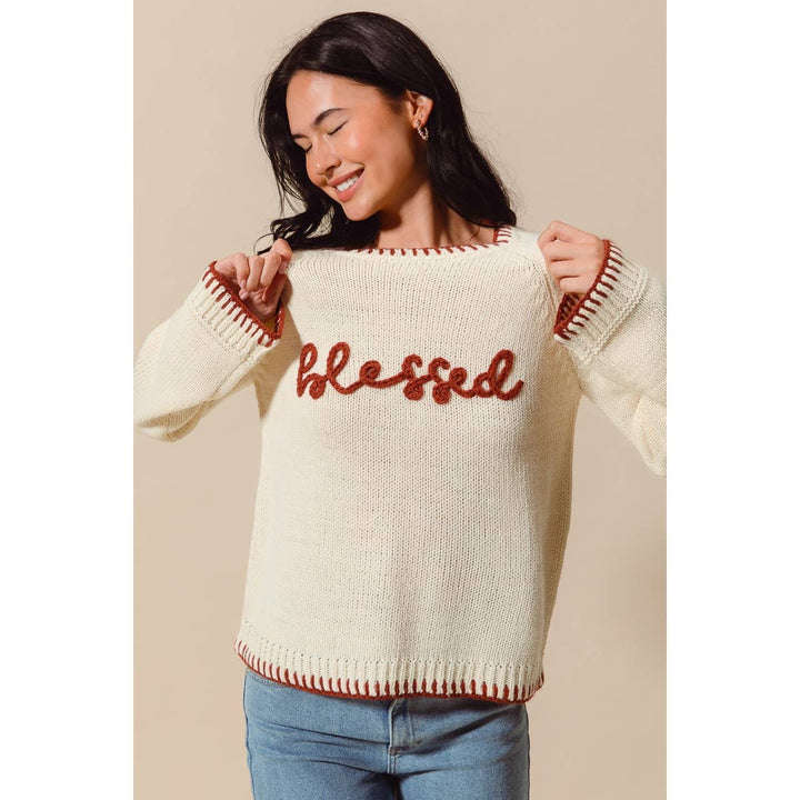 BLESSED THANKSGIVING LETTERING SWEATER TOP: OATMEAL/BRICK / M - Baycreek & Co