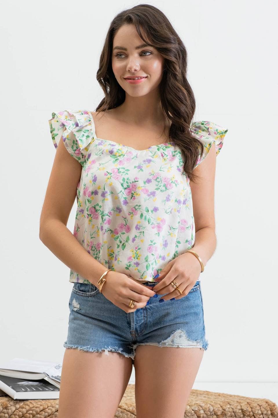 FLORAL SWEETHEART NECK RUFFLE SLEEVE TOP