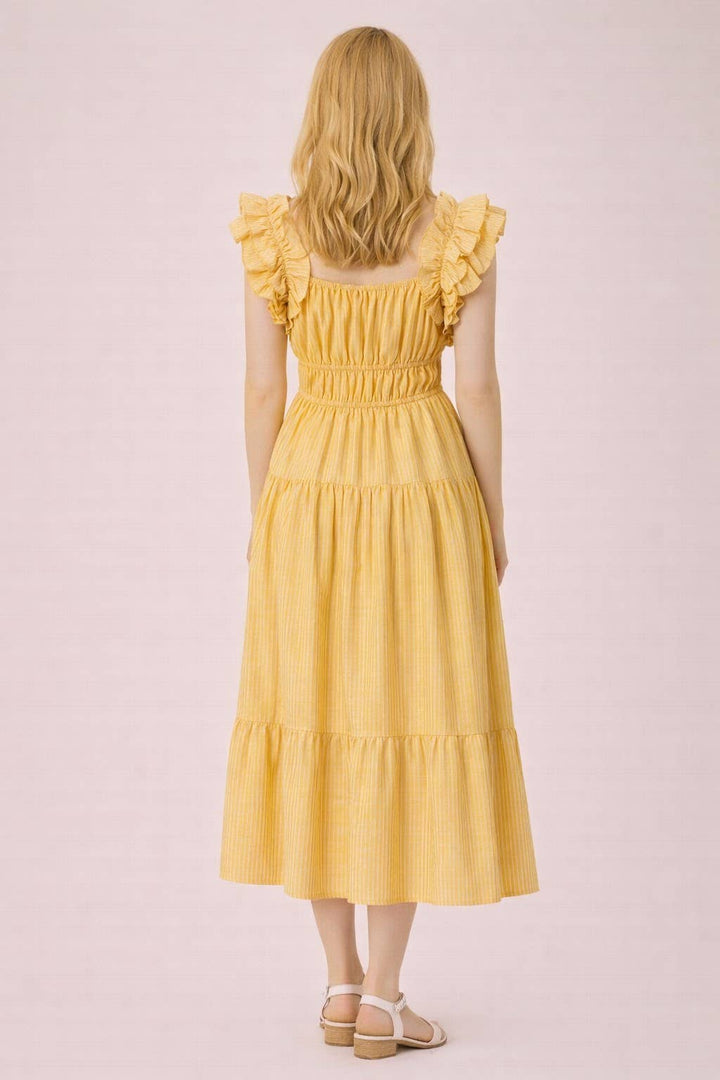 ND32033-Shoulder Ruffle Detail Stripe Midi Dress - Baycreek & Co