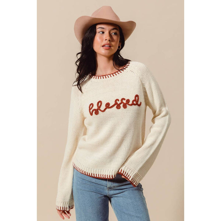 BLESSED THANKSGIVING LETTERING SWEATER TOP: OATMEAL/BRICK / M - Baycreek & Co