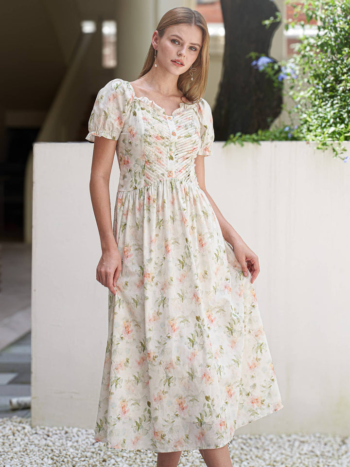 Floral Ruched Puff Sleeve Dress