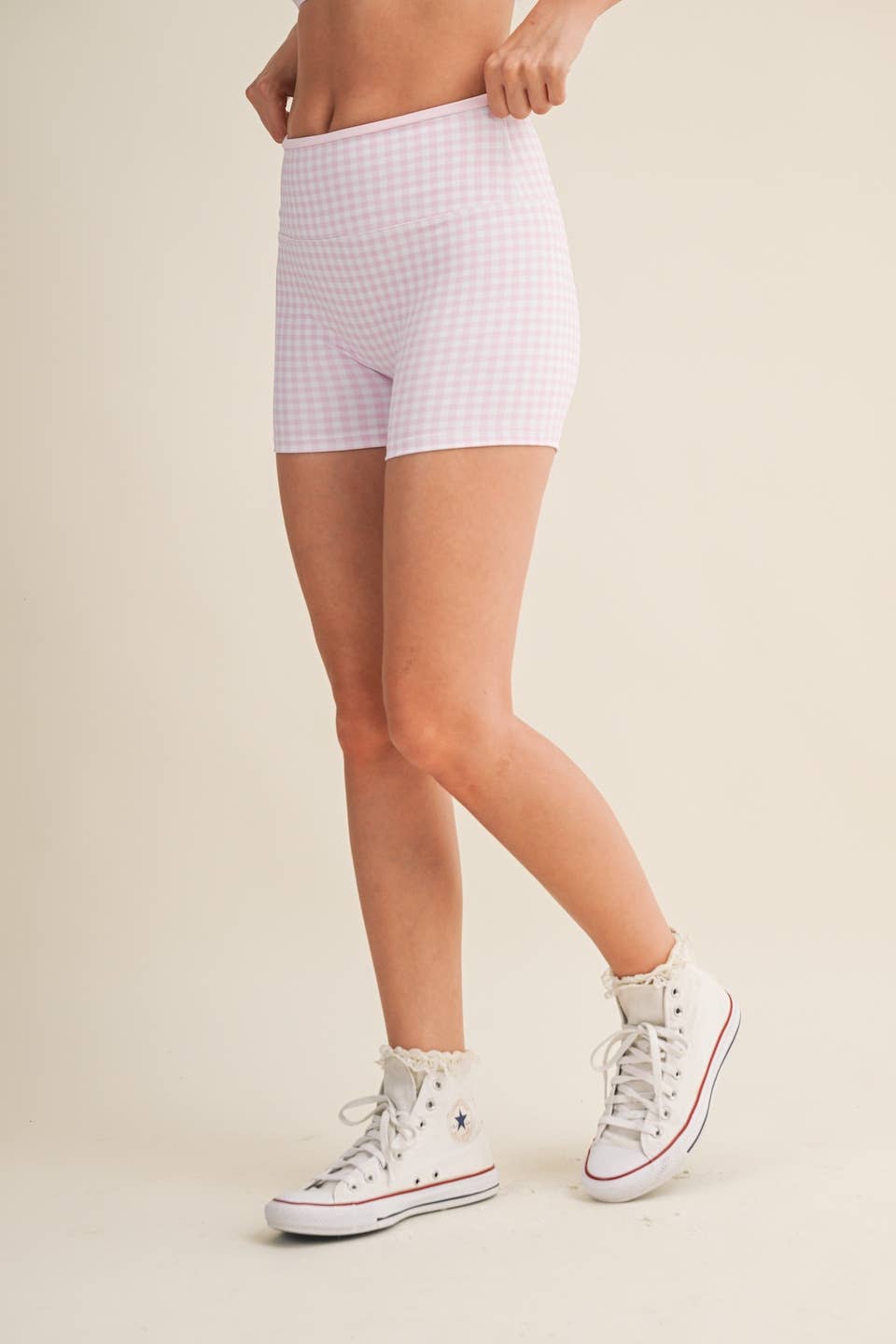 Gingham Print Contrast Binding Biker Shorts - Baycreek & Co
