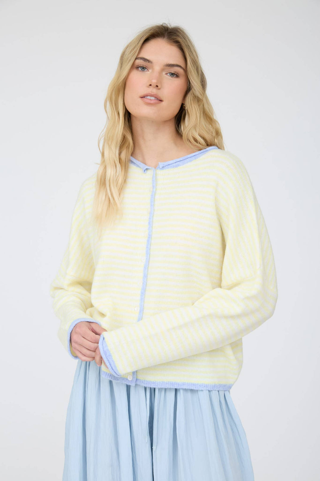 STRIPE RAW EDGE BUTTON DOWN LONG SLEEVE CARDIGAN - Baycreek & Co