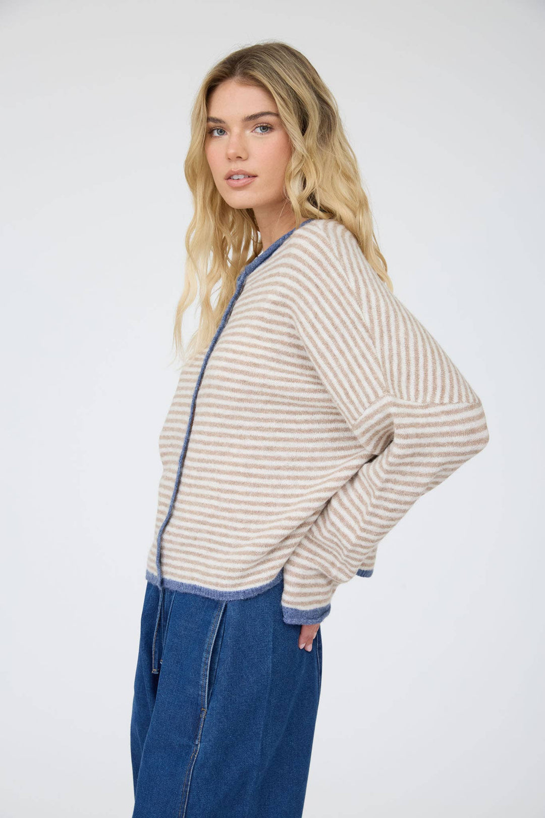 STRIPE RAW EDGE BUTTON DOWN LONG SLEEVE CARDIGAN - Baycreek & Co