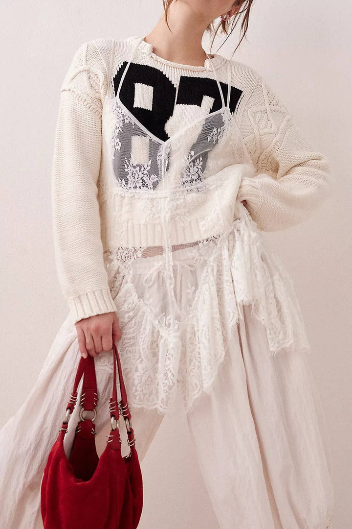 Cropped Cable-Knit 87 Graphic Sweater - Baycreek & Co