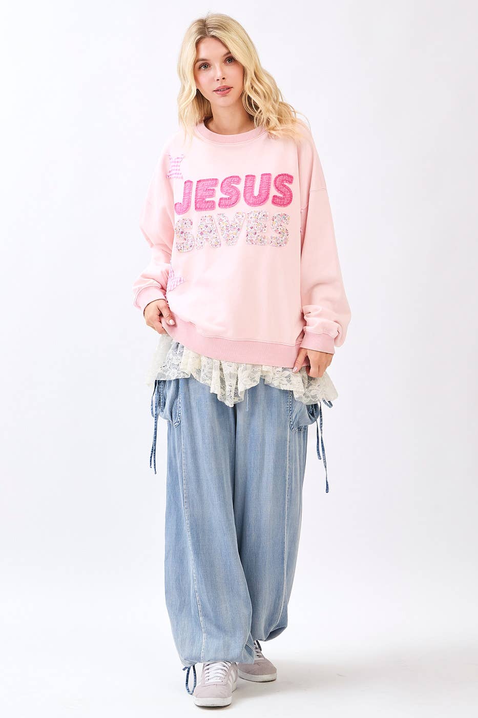 JESUS SAVES PATCHWORK CREW NECK SWEATSHIRT: ICY PINK / S-M-L(2-2-2) - Baycreek & Co