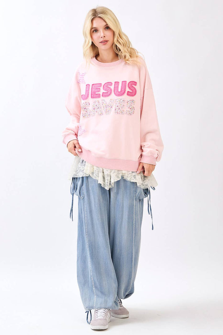 JESUS SAVES PATCHWORK CREW NECK SWEATSHIRT: ICY PINK / S-M-L(2-2-2) - Baycreek & Co