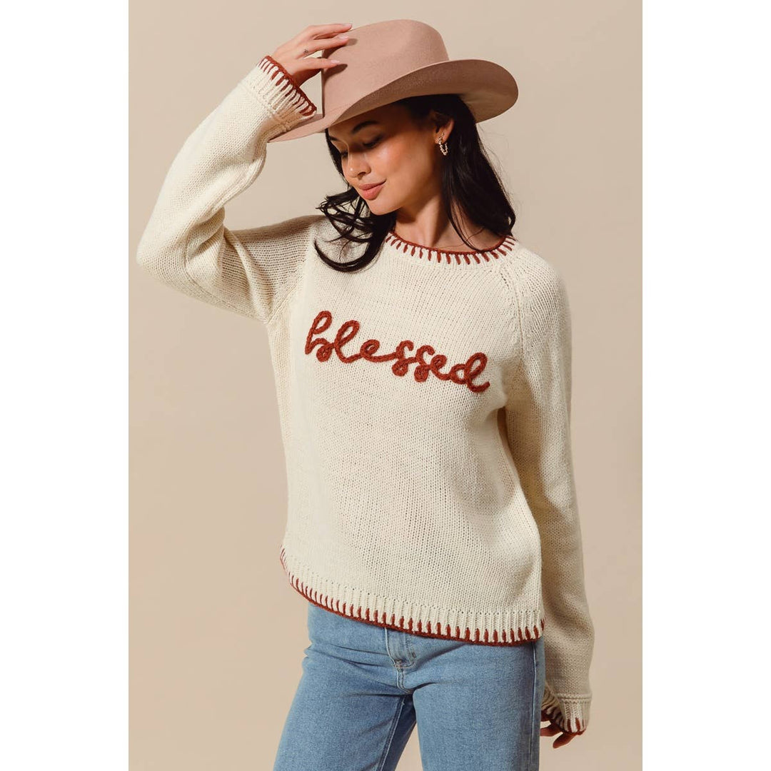 BLESSED THANKSGIVING LETTERING SWEATER TOP: OATMEAL/BRICK / M - Baycreek & Co