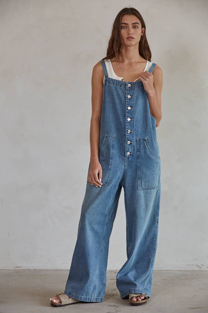 Denim Square Neck Overalls