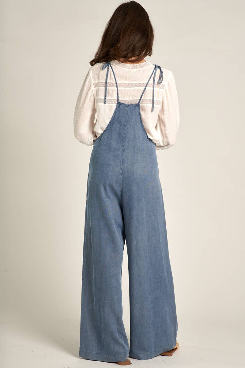 Tie Shoulder Soft Denim Jumpsuit