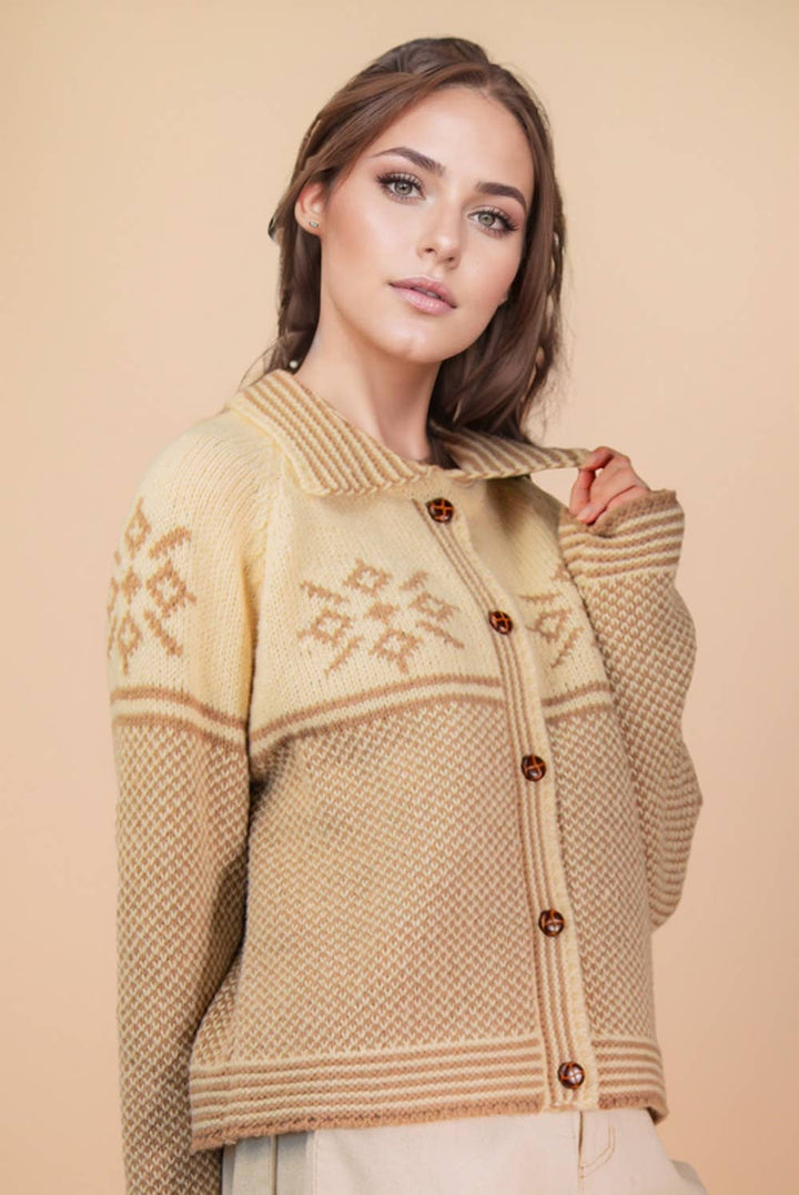 12W3511N-Graphic Collared Knit Sweater Cardigan: LATTE / S-M-L/2-2-2 - Baycreek & Co