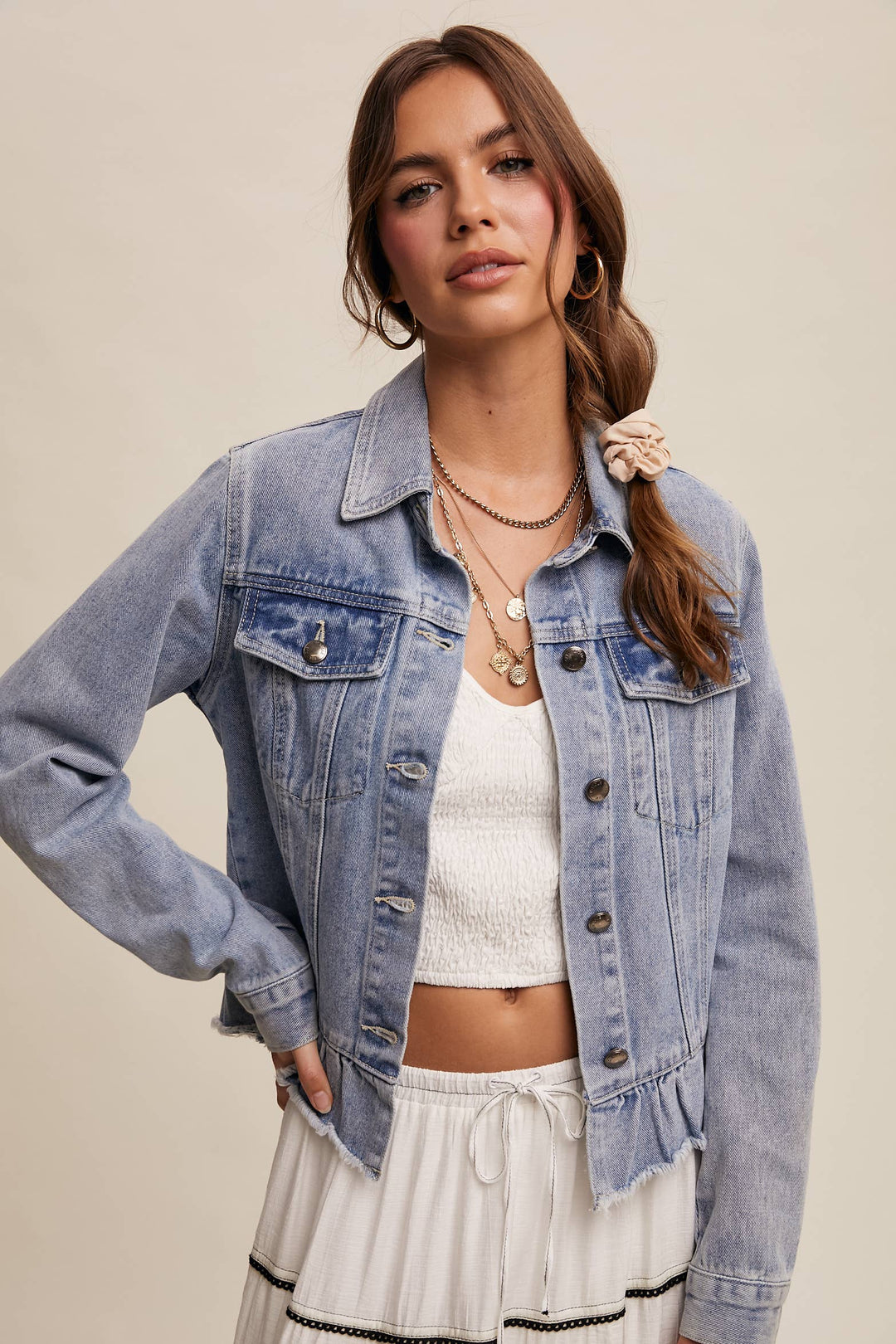Ruffled Hem Denim Jacket - Baycreek & Co