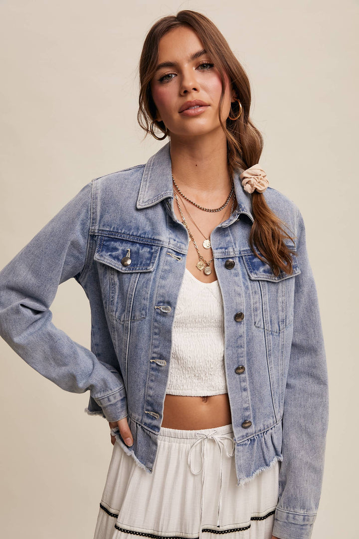 Ruffled Hem Denim Jacket - Baycreek & Co