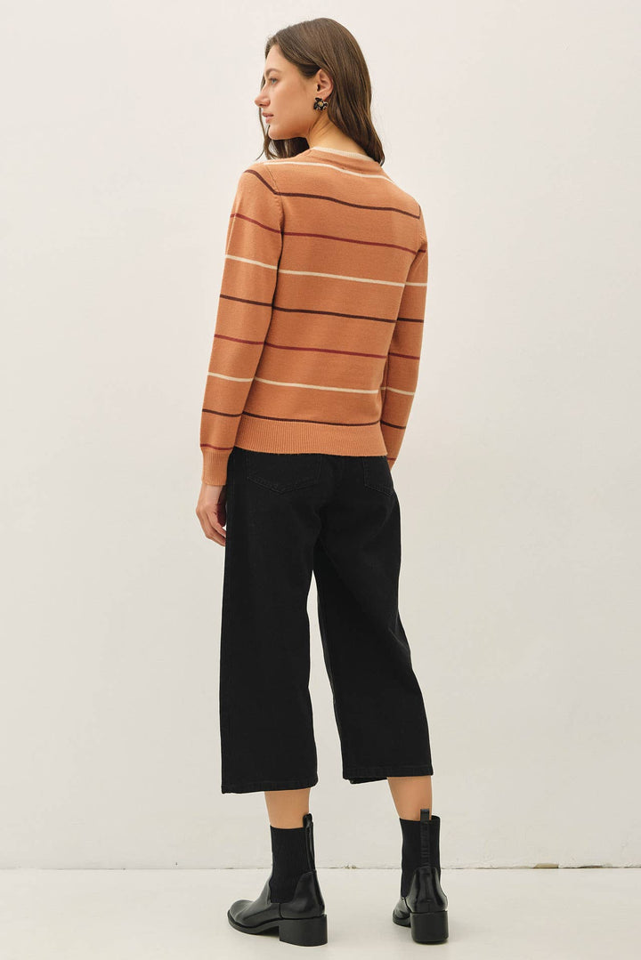 DOUBLE LAYERED LOOK  STRIPE SWEATER TOP : TERRACOTTA / M - Baycreek & Co