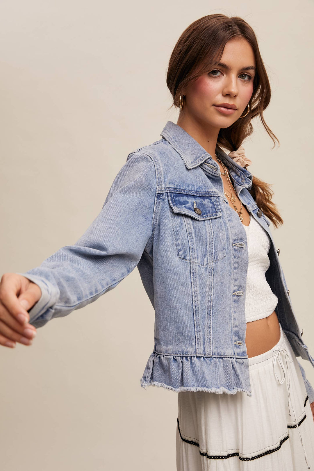 Ruffled Hem Denim Jacket - Baycreek & Co