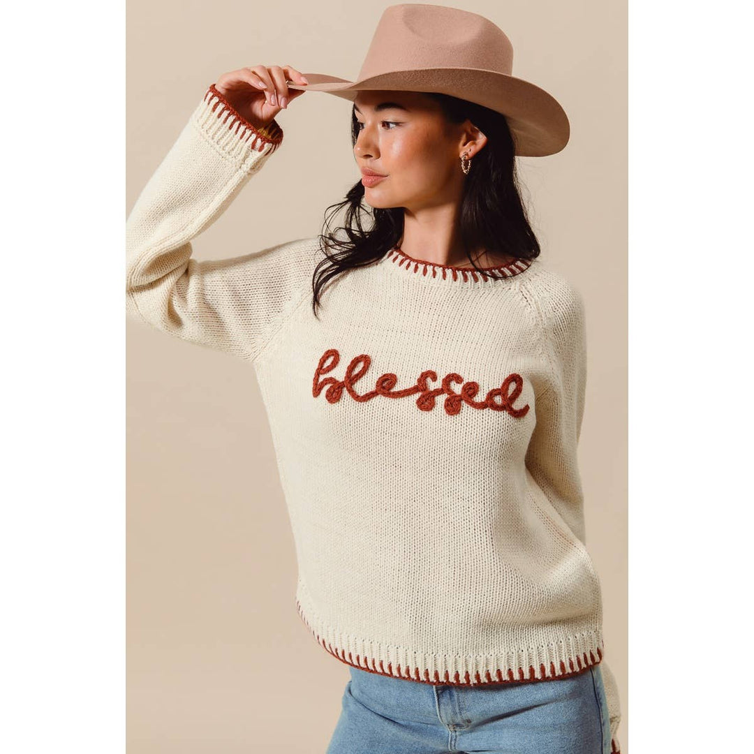 BLESSED THANKSGIVING LETTERING SWEATER TOP: OATMEAL/BRICK / M - Baycreek & Co