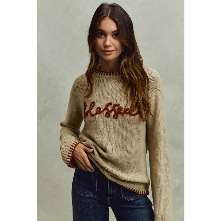 BLESSED THANKSGIVING LETTERING SWEATER TOP: OATMEAL/BRICK / M - Baycreek & Co